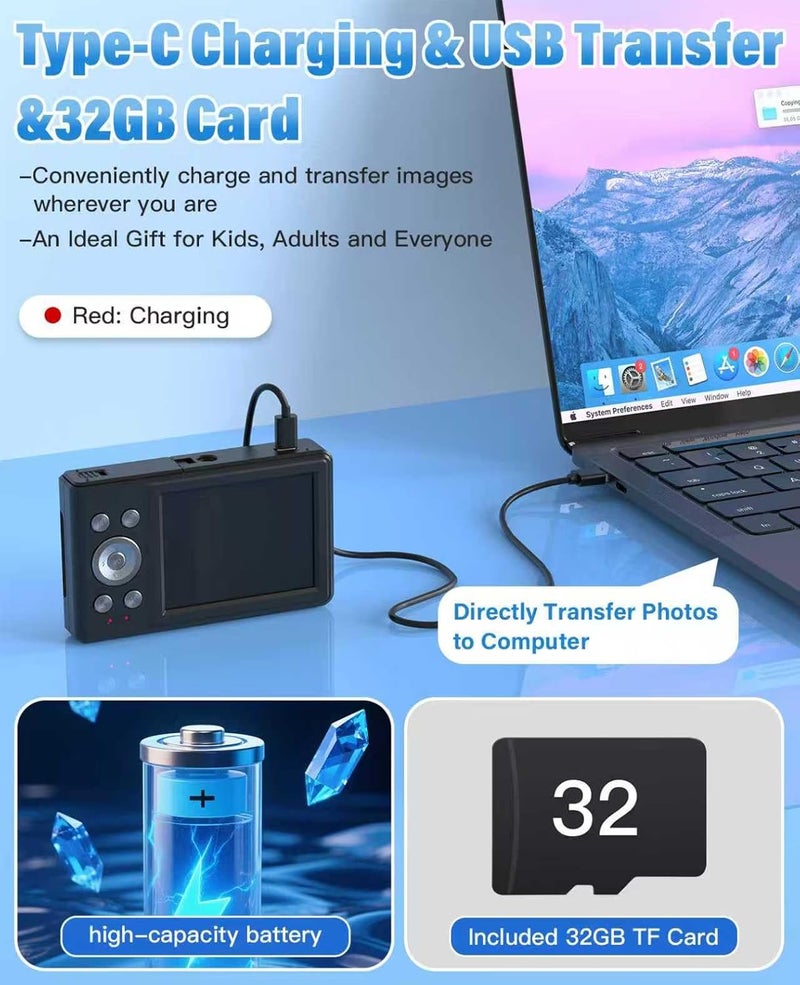 Bhagdaoe كاميرا رقمية للأطفال، FHD 1080P 56MP بؤرة تلقائية ونقطة تصوير مع زوم 16X، بطاقة TF سعة 32GB، بطارية، فلاش، كشف الوجه، مضادة للاهتزاز، كاميرات سفر مدمجة للأولاد والبنات والمراهقين هدية للأطفال (أسود) - Image 5